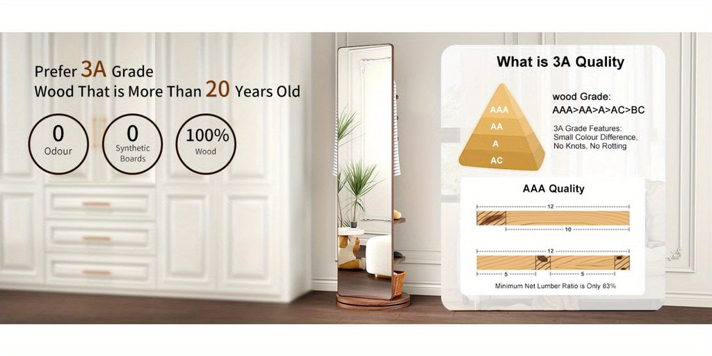 Full Length Mirror with Coat Rack & Storage, 360° Rotating Solid Wood Standing Floor Mirror with Shelves for Bedroom, Entryway, Dressing Room