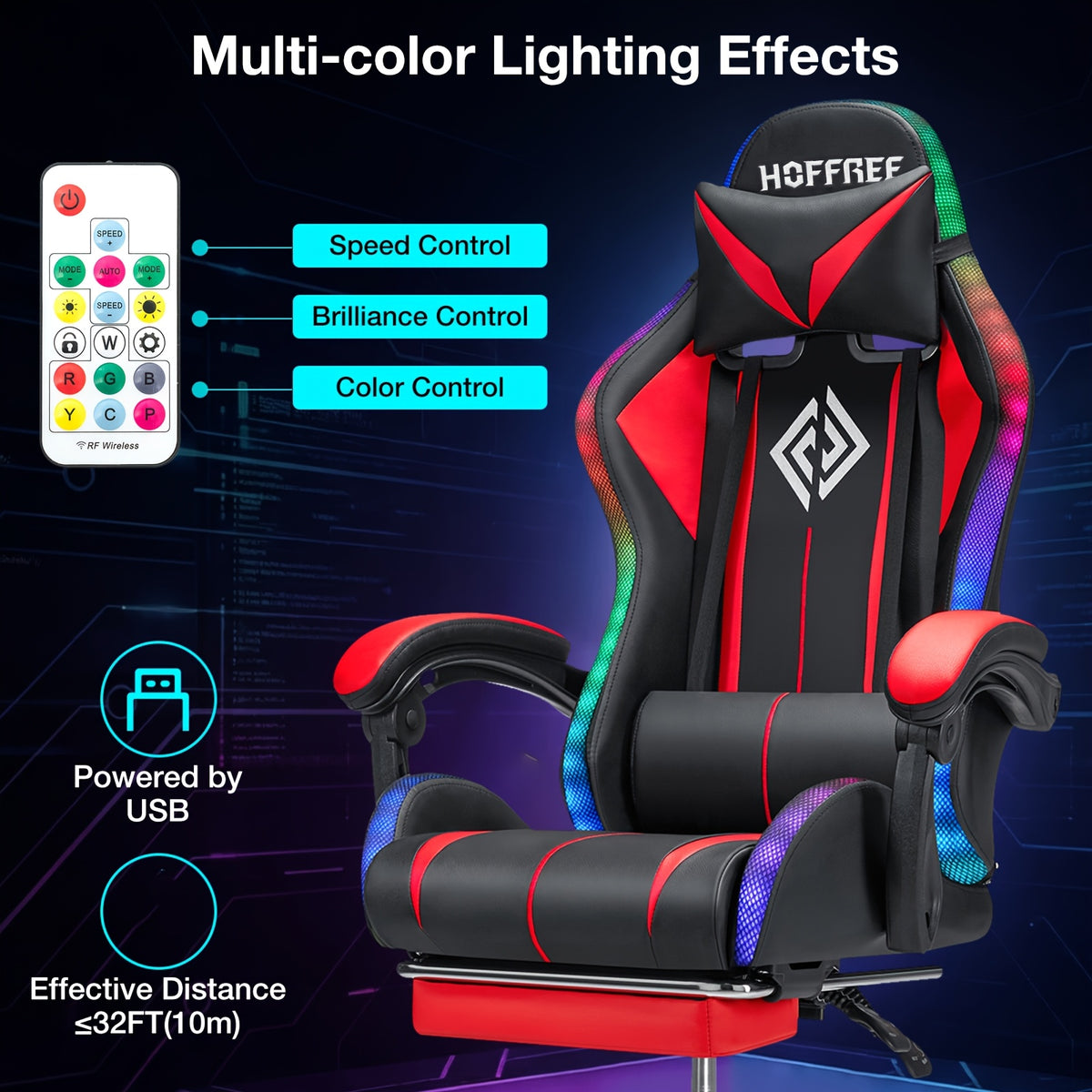 RGB Gaming Chair with LED Lights And Massage Ergonomic Computer Chair High Back Video Game Chair with Footrest And Adjustable Lumbar Support Linkage Armrest