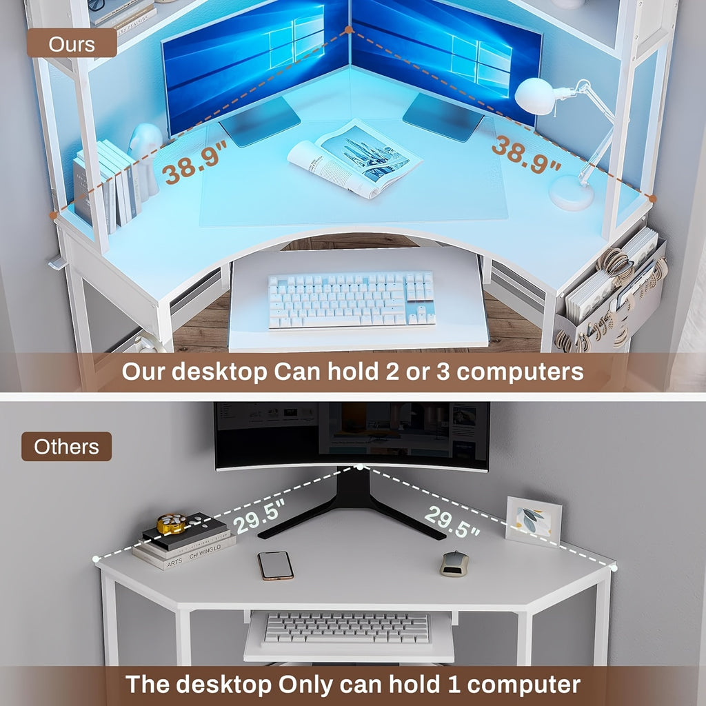 Small Office Desk with LED Lights, Triangle Corner Computer Desk with Storage Bag and Headphone Hook