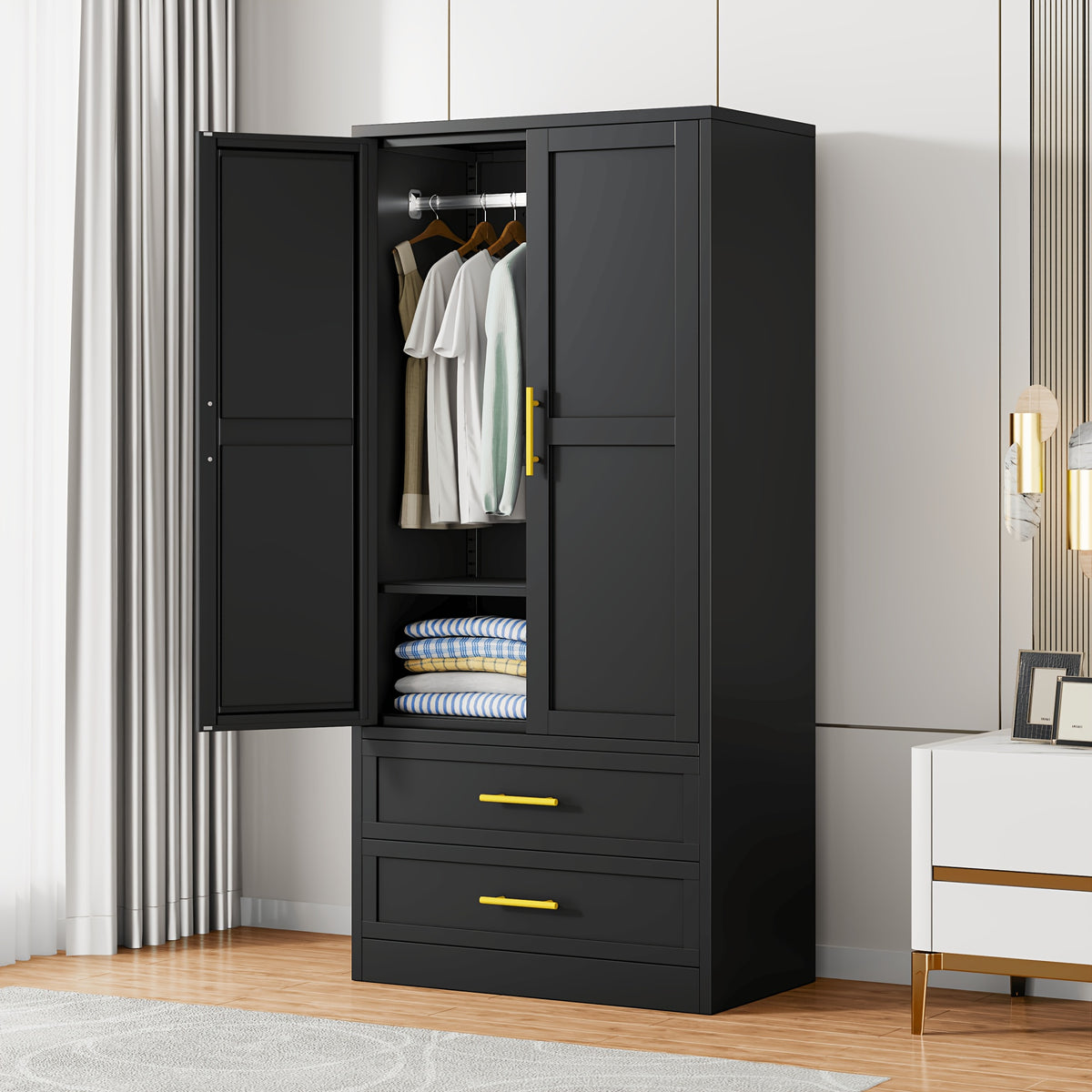 Mxa 71.39 "H metal storage cabinet with armrests, 2 drawers, adjustable shelves, clothesline, and home wardrobe