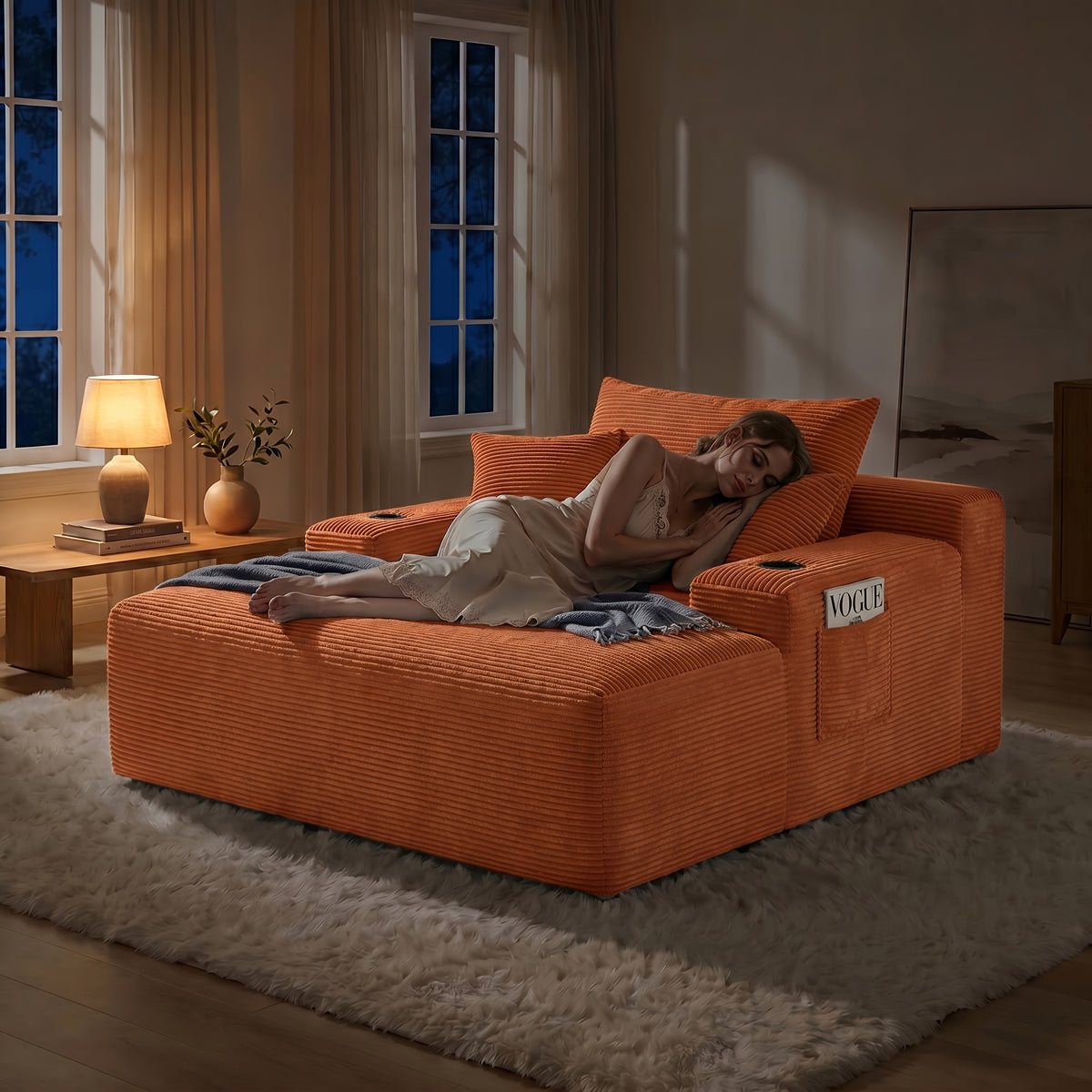 Extra-Large Boneless Sofa Chaise Lounge, with Cup Holder And Side Pockets, Living Room Sofa Chair Bed, Compressible High-Rebound Foldable Recliner, Supportive Pocket Spring System And High-Density Foam Padding, Non-Sinking Convertible Lounge Bed