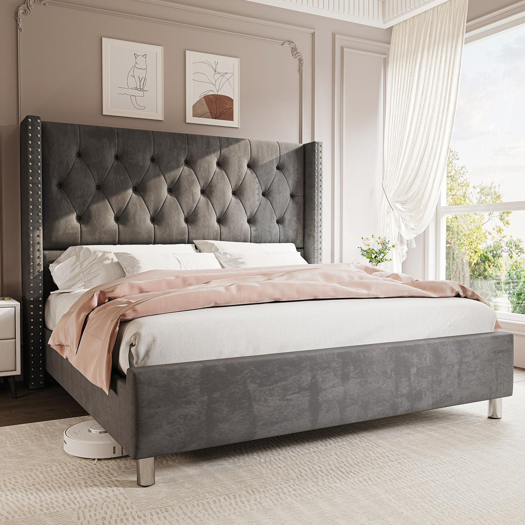 ALBOTT Upholstered Platform Bed Frame with 50 Inch Velvet Wingback Headboard, Button Tufted and Nailhead Trim, No Box Spring Needed, Easy Assembly