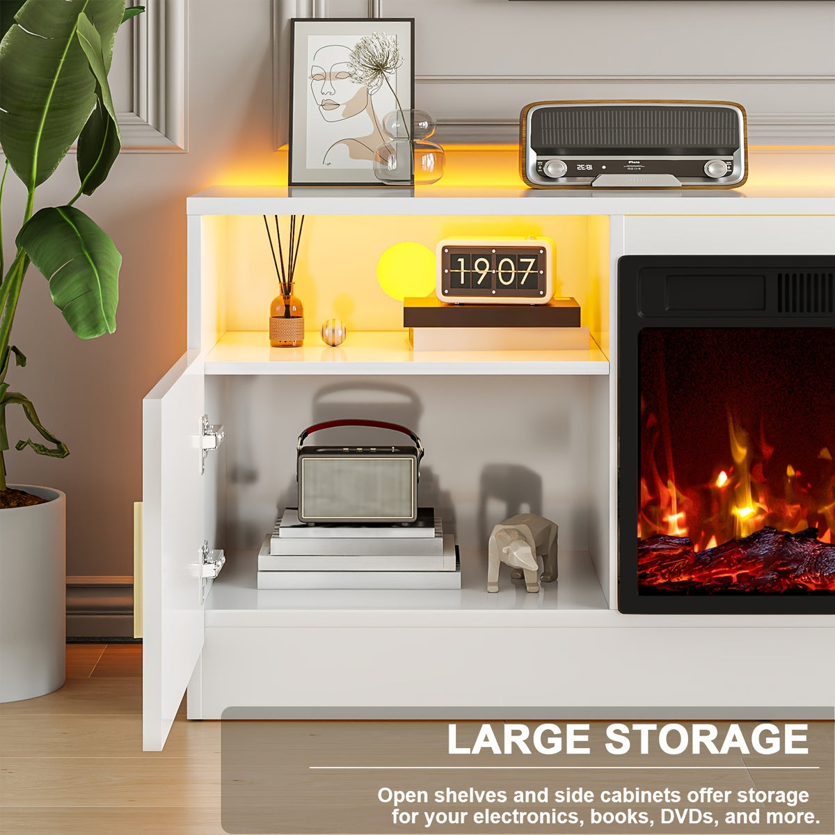 Fireplace Tv Stand with 36 Inch Fireplace Up to 80" TVs, LED Light Entertainment Center And Storage, 70" Modern Wood Media TV Console with Highlight Cabinet for Living Room