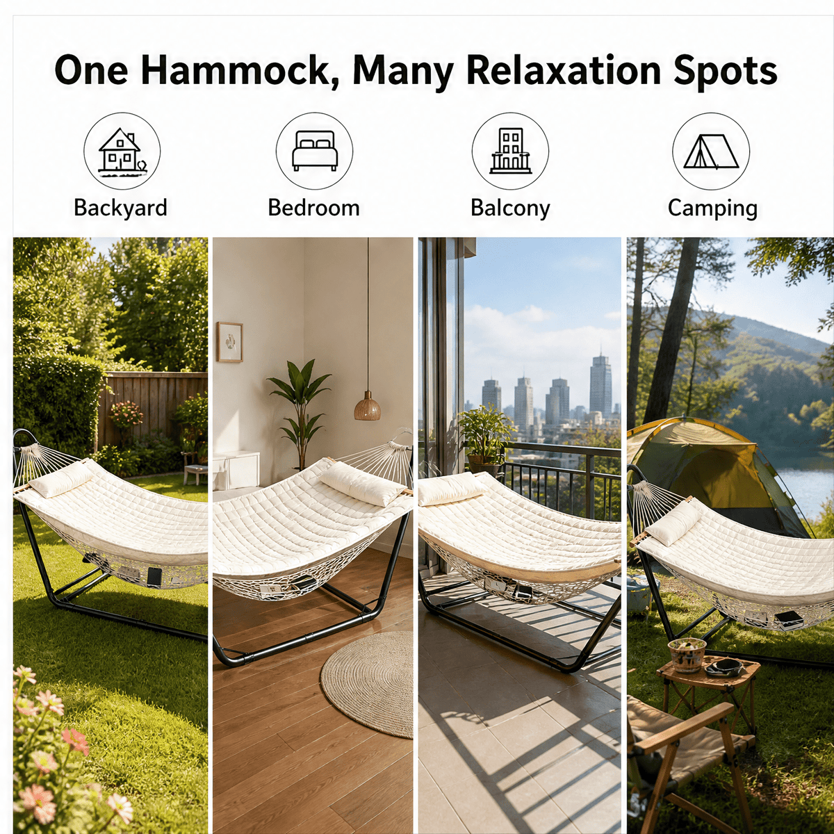 127.95 X 45.28 X 55.12inch Heavy Duty Hammock with Stand Set, 520Lb Weight Capacity, Double Layer Padded Cotton Bed (White/Gray) with Black Frame, Including Chain And Nylon Rope And Bottom Storage Net, Foldable for Yard Camping Porch