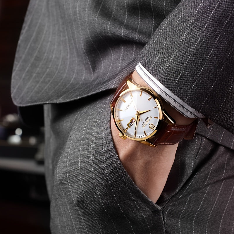 ROCOS Men's Watches High-end Business Watch for Men Automatic Mechanical Watch Classic Big Three Hands Golden Case Calfskin Strap Double Push Butterfly Buckle Calendar Day Of The Week Gift for Boyfriend
