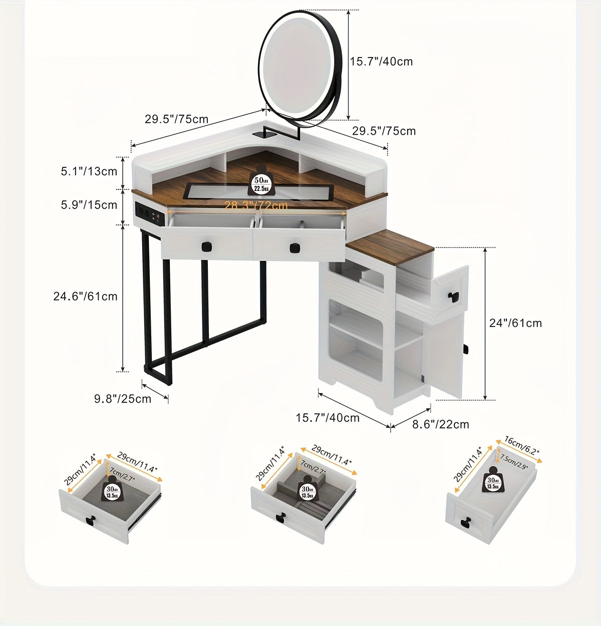 Dystler Corner Vanity With Mirror And Lights, Modern Makeup Vanity Set With Charging Station For Bedroom/Cloakroom, Glass Top Vanity Table With Drawers And Shelves, White