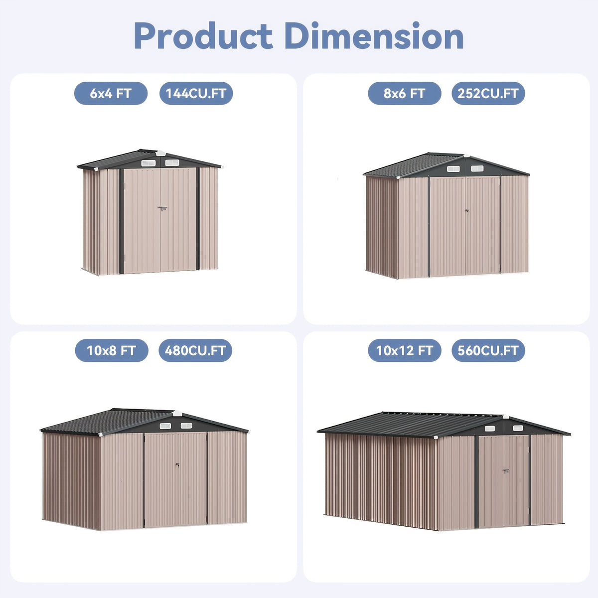 [Multi-Size Outdoor Shed] 6x4/8x6/10x8/10x12ft Multi-Size Outdoor Storage Shed, Standard & Floor-Equipped 2 Options, Gable Roof Ventilated Metal Utility Shed for Backyard Lawn