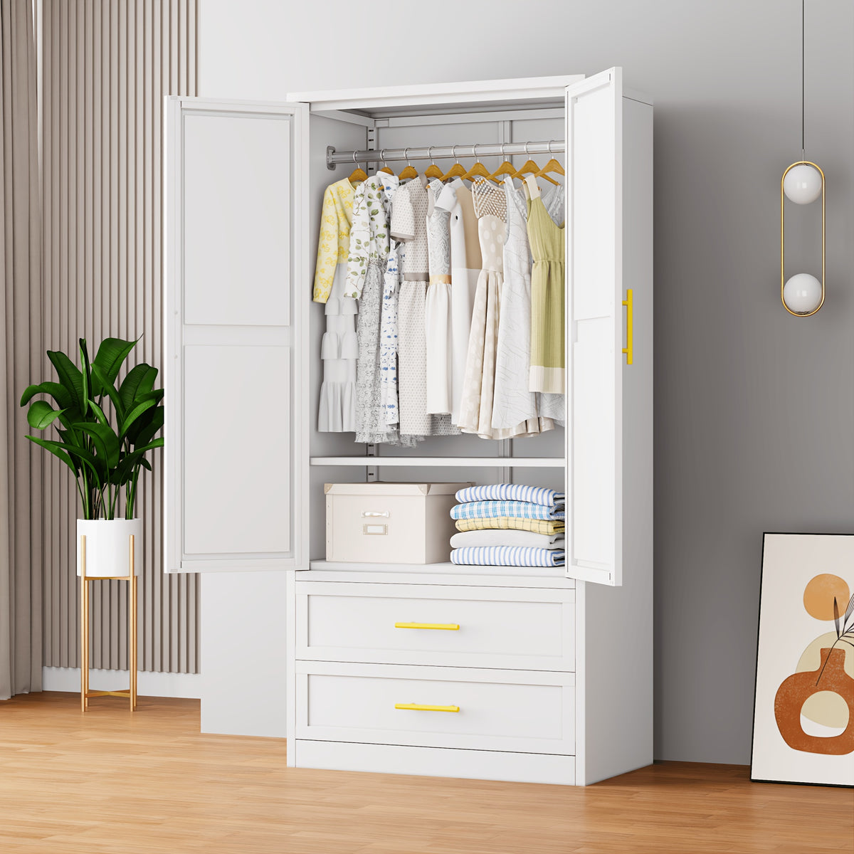 Mxa 71.39 "H metal storage cabinet with armrests, 2 drawers, adjustable shelves, clothesline, and home wardrobe
