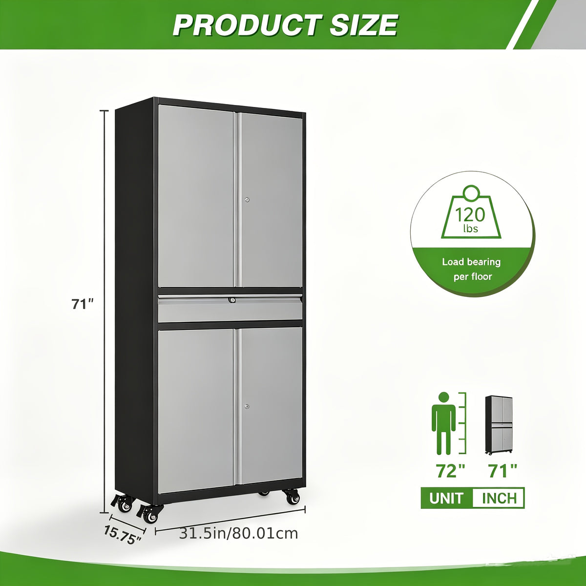 SISESOL Metal Garage Storage Cabinet With Locking Doors And Adjustable Shelves, Rolling Tool Storage Cabinet With 4 Wheels And 1 Drawer - 73" Steel Locking Cabinet For Garage, Warehouse
