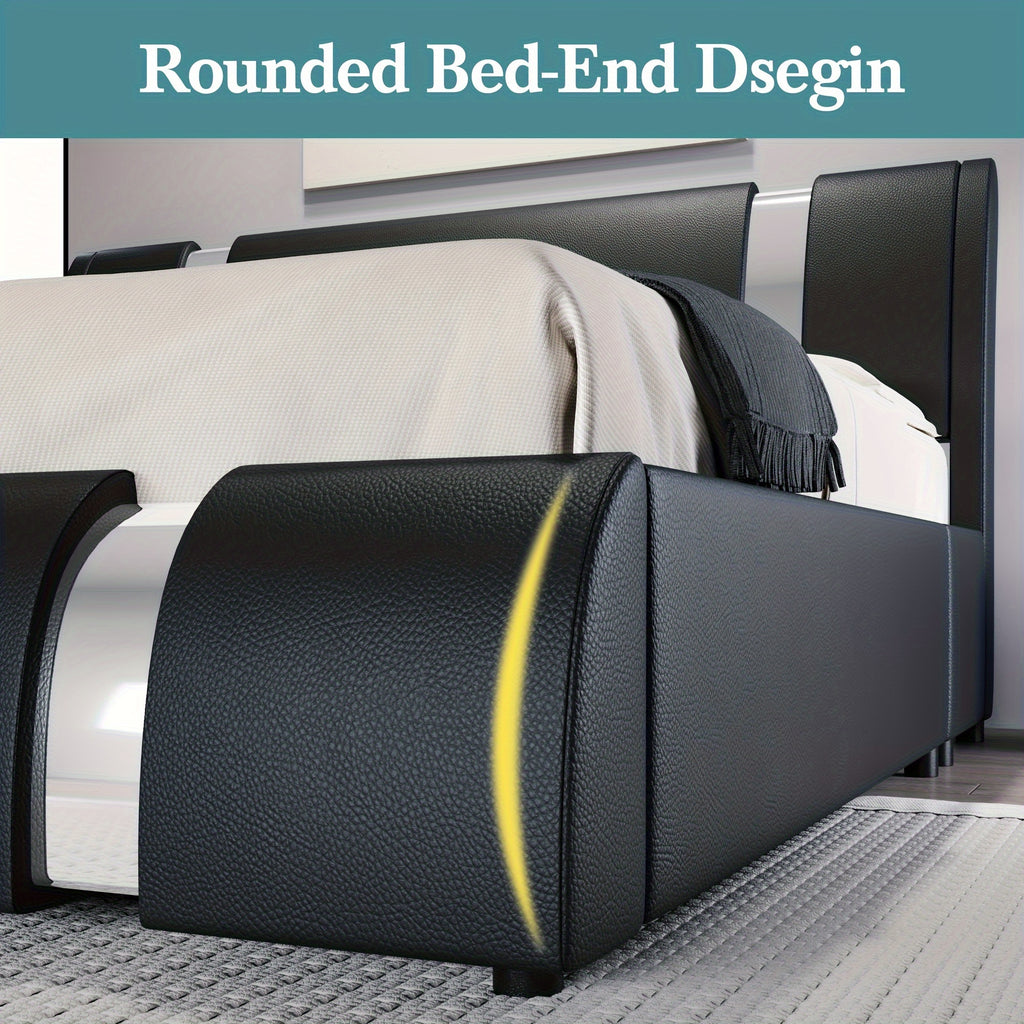 HOOMIC Contemporary Imitation Leather Bed Structure Featuring Metal Accents, Low-Set Platform Bed with Adjustable Headboard, Sturdy Wooden Slat Support, No Box Spring Required