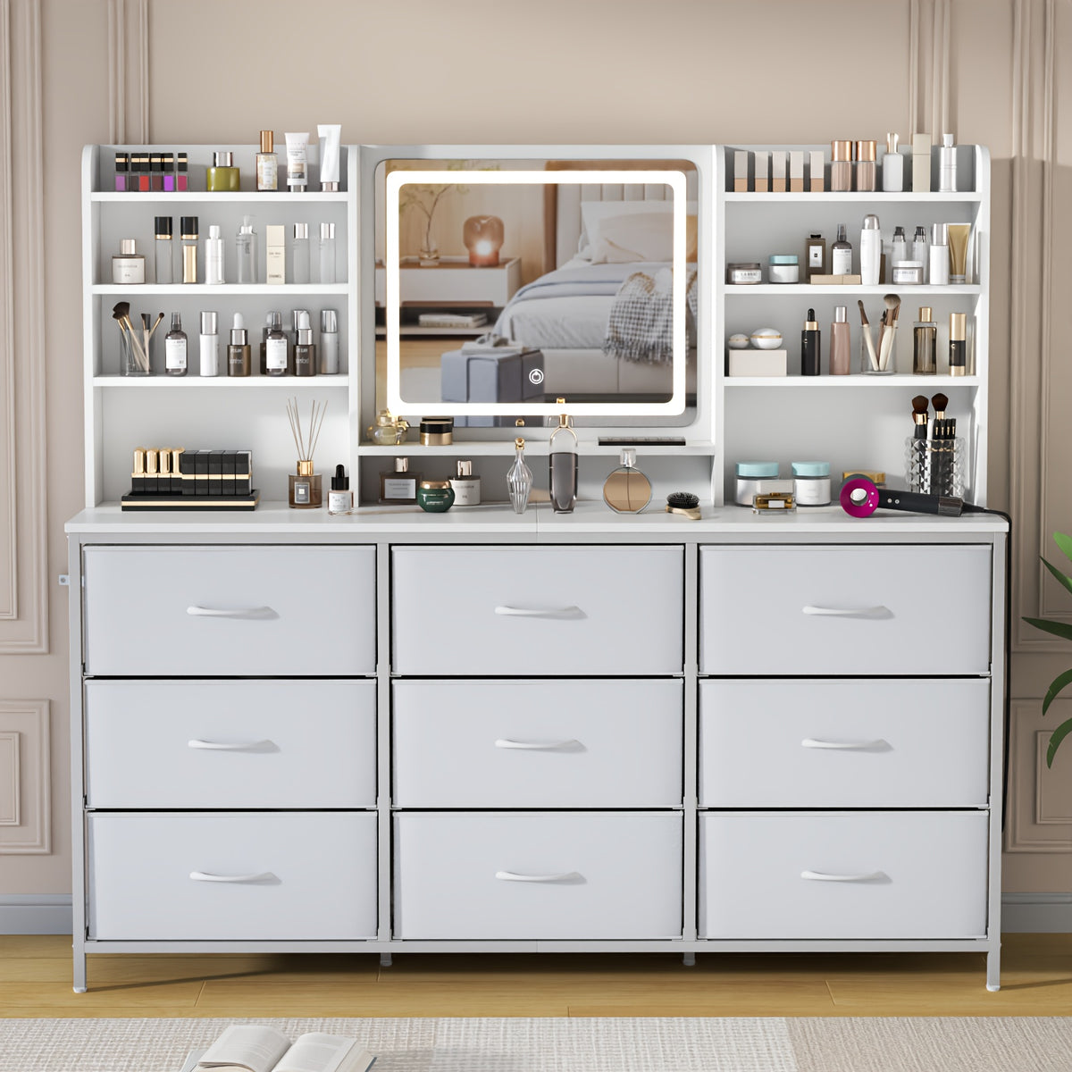 Chest Of 9 Drawers, White Dresser With 9 Fabric Drawers, Vanity With 8 Storage Shelves, Makeup Vanity Table, Vanity Desk With Large Mirror And LED Lights, Dressing Table For Bedroom, 3 Lighting Modes