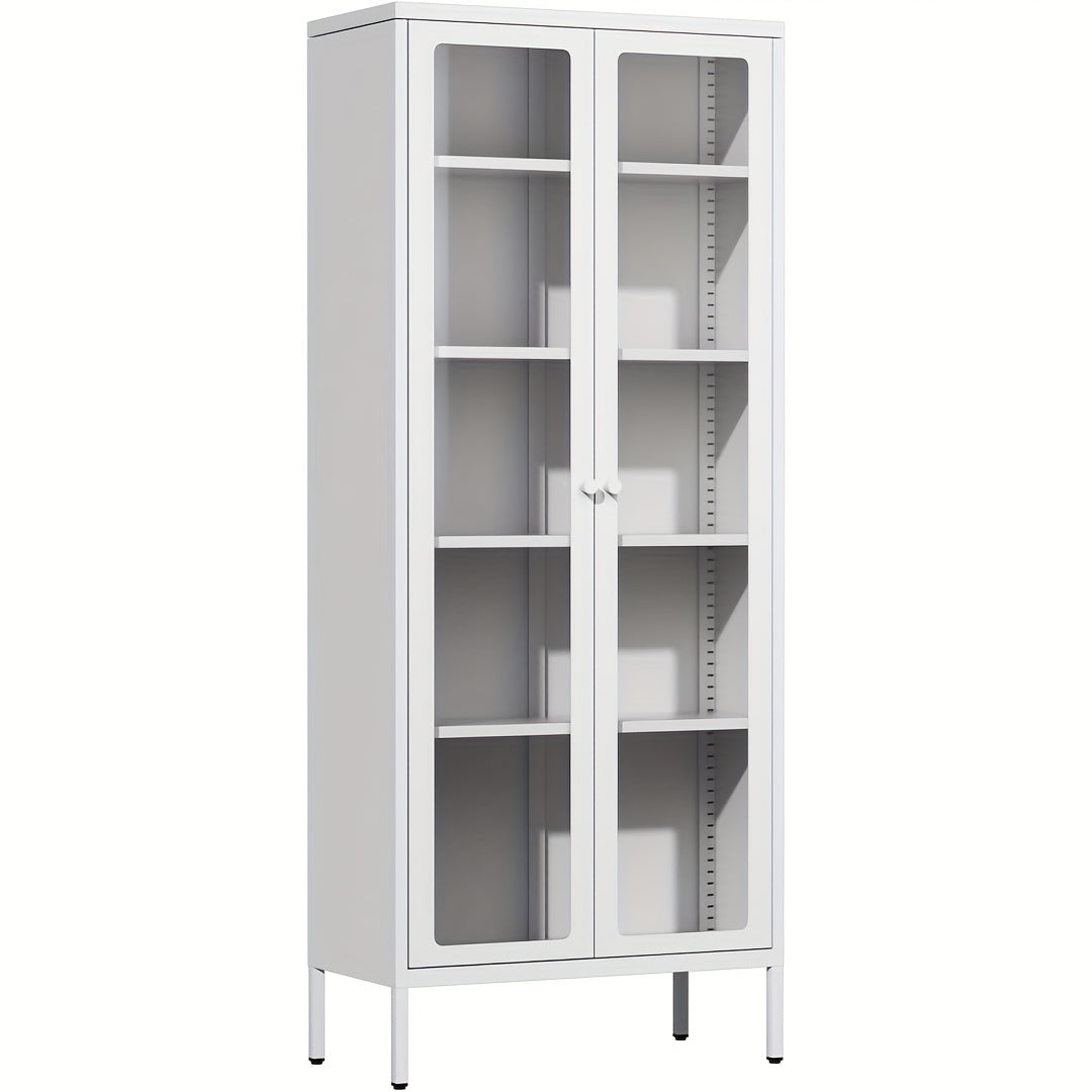 Metal Glass Display Cabinet With Five-Tier Storage Shelves Tall Glass-Door Display Cabinet Steel Storage Cabinet Display Unit Ideal For Home Offices And Living Rooms (Blue/Pink/White/Black)