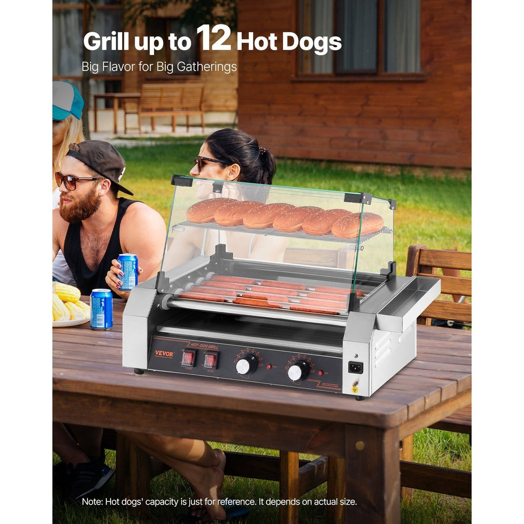 VEVOR Hot Dog Roller, 12 Hot Dog 5 Rollers, Stainless Steel Sausage Grill Cooker, 750W Commercial Hot Dog Machine with Dual Temp Control, Cover, Side Storage Box, Removable Shelf & Oil Drip Tray