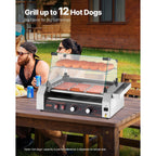 VEVOR Hot Dog Roller, 12 Hot Dog 5 Rollers, Stainless Steel Sausage Grill Cooker, 750W Commercial Hot Dog Machine with Dual Temp Control, Cover, Side Storage Box, Removable Shelf & Oil Drip Tray