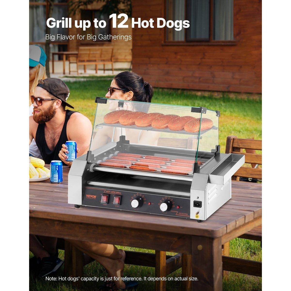 VEVOR Hot Dog Roller, 12 Hot Dog 5 Rollers, Stainless Steel Sausage Grill Cooker, 750W Commercial Hot Dog Machine with Dual Temp Control, Cover, Side Storage Box, Removable Shelf & Oil Drip Tray