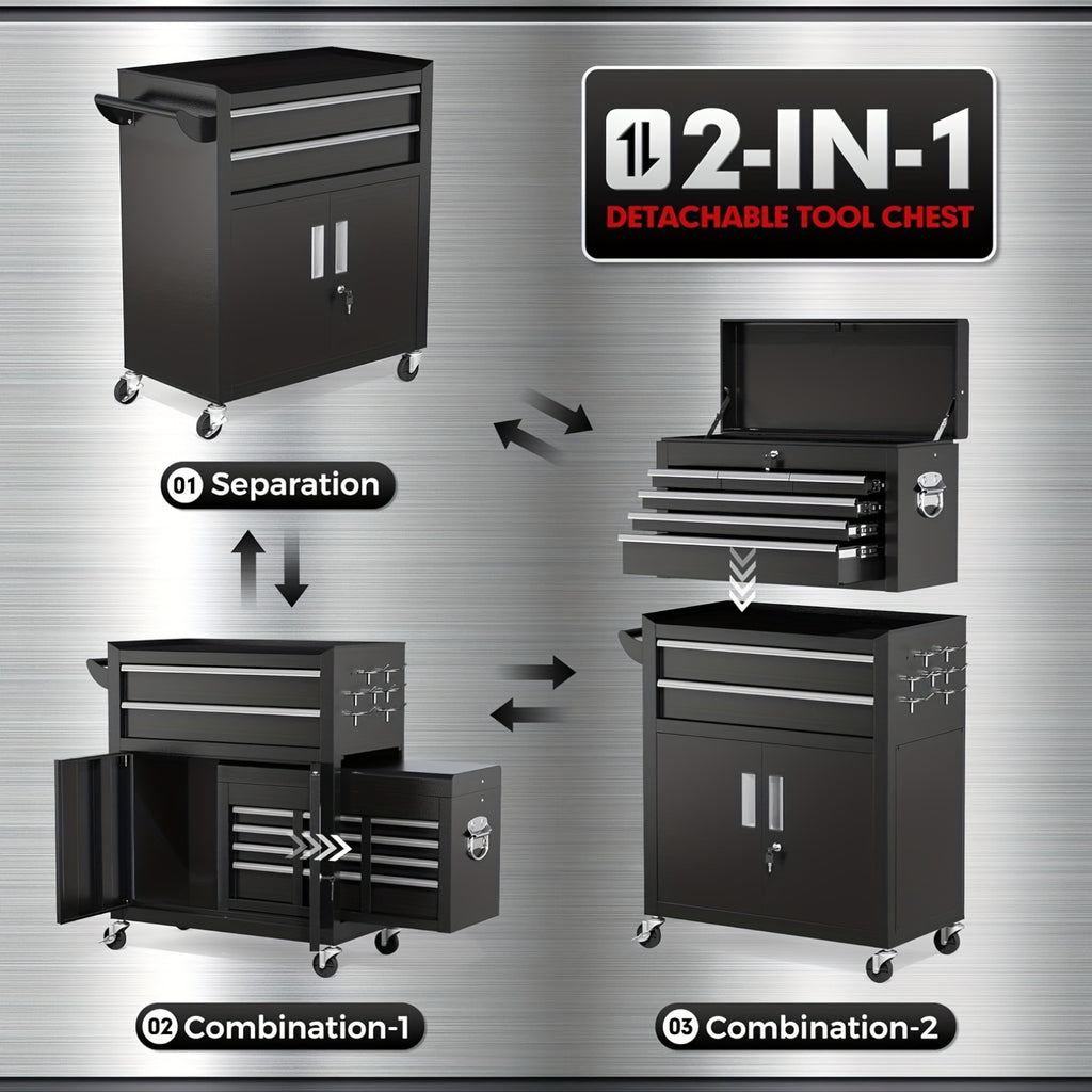 Rolling Tool Chest with Wheels, 8 Drawer High Capacity, 2-in-1 Detachable Steel Toolchest Organizer Combo for Garage, Workstation, Barbershop(Black)