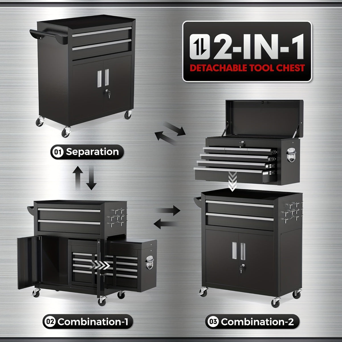 Rolling Tool Chest with Wheels, 8 Drawer High Capacity, 2-in-1 Detachable Steel Toolchest Organizer Combo for Garage, Workstation, Barbershop(Black)