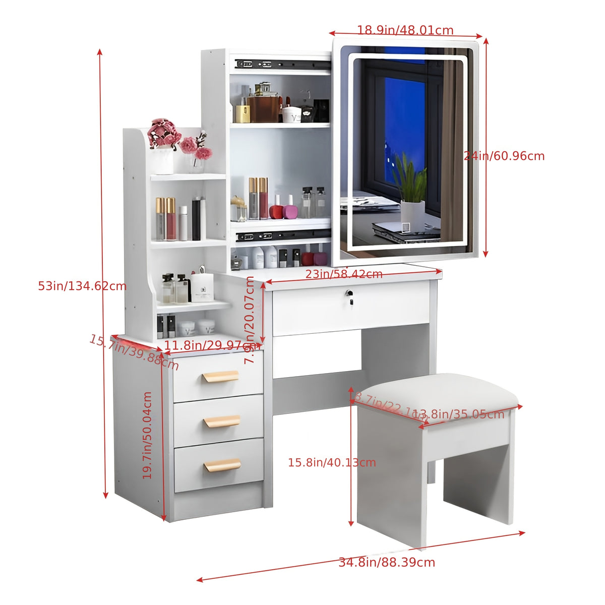 Vanity Desk with Sliding Lighted Mirror, Small Dressing Table Set with 3 Color Adjustable Lights Makeup Mirror Desk with 4 Drawers Shelves Girls Vanity Set with Stool for Bedroom Gifts