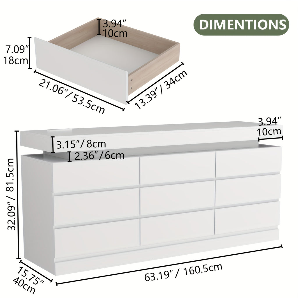 Dresser for Bedroom, Closet Organizers And Storage, Large Modern Chest Of Drawers with Handle Free, Dresser for Bedroom with 9 Deep Storage Drawers, Freestanding Long Dressers with Charging Station & LED Lights, Storage Drawer Units