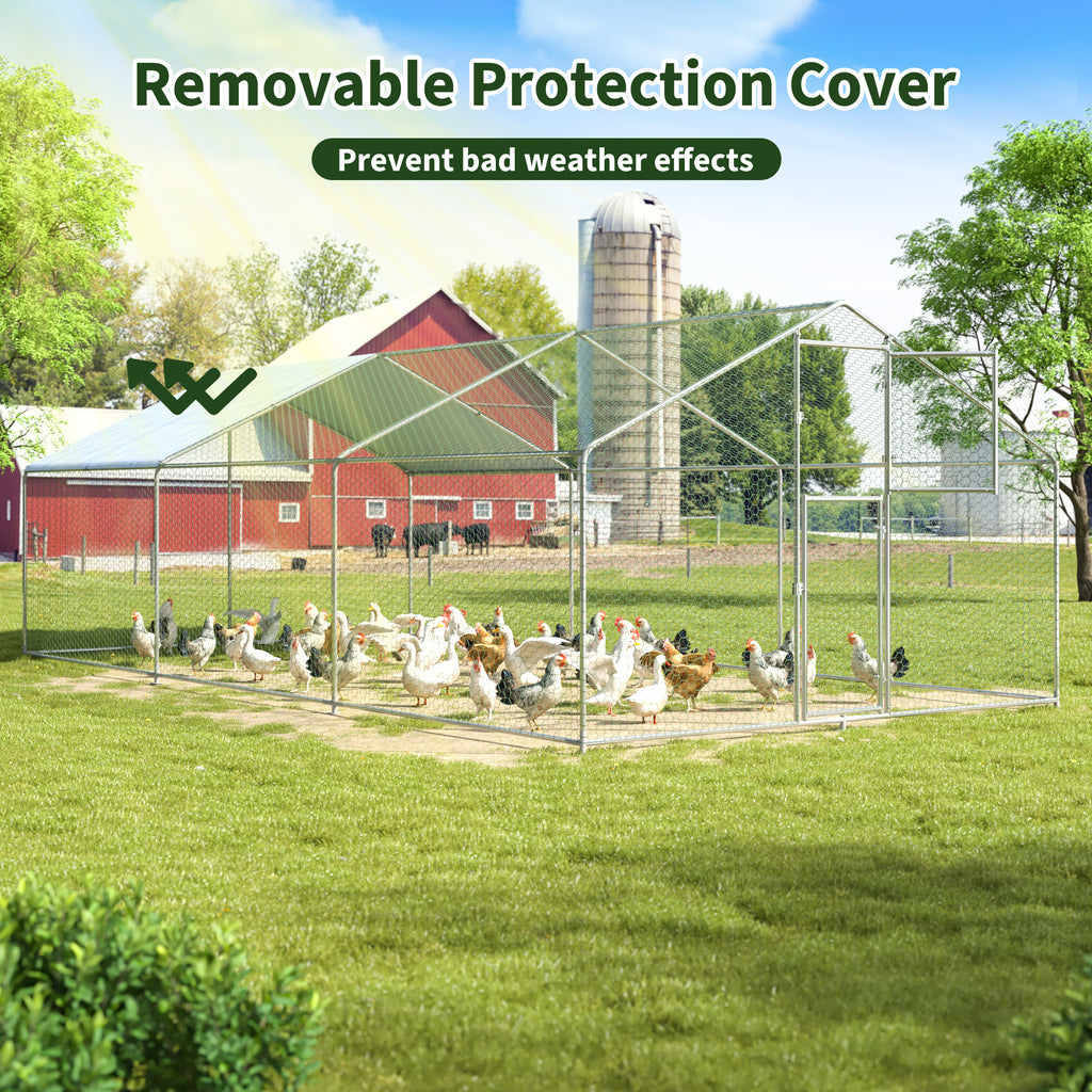 Walk-In Chicken Run with Feeding Port and UV-Resistant Cover, Galvanized Outdoor Poultry Enclosure