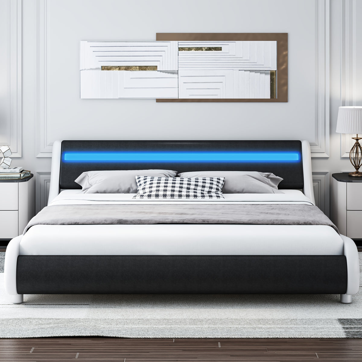 Modern Upholstered LED Bed Frame with Adjustable Headboard & Faux Leather Wave Bed - Metal Platform Bed Frame, No Box Spring Needed, Easy Assembly, Contemporary Bed for Small Spaces Suitable for Modern Bedrooms