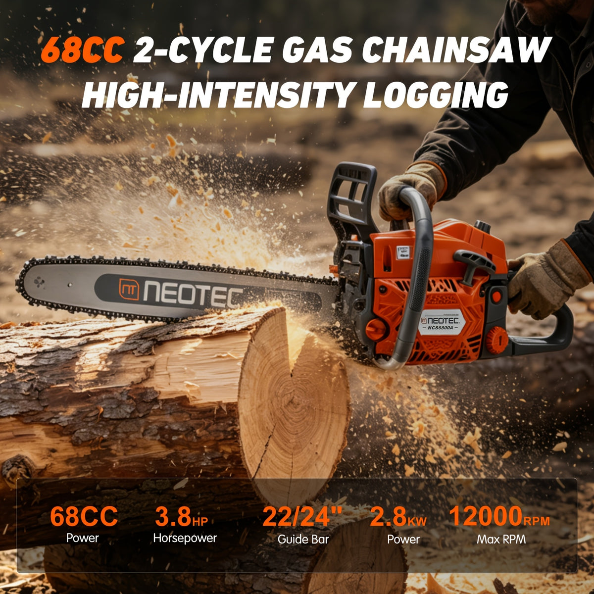 Neotec 68CC 2-Cycle Top Handle Gas Powered Chainsaw Equipped With 24-inch + 22-inch Guide Plates Handheld Cordless Chain Saw For Tree Wood Cutting