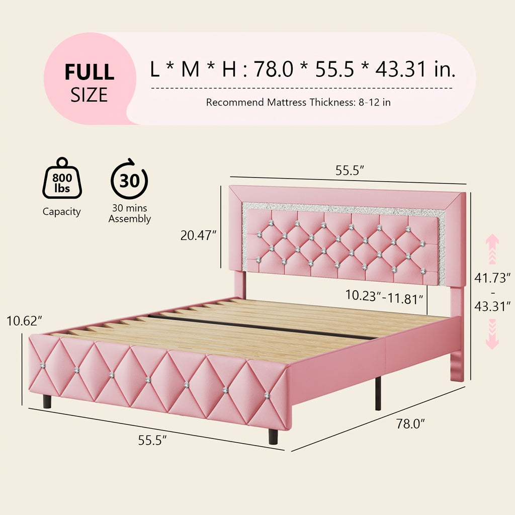 HOMBCK Twin Full Queen King Bed Frame, Padded Platform Bed with Button Tufting Headboard, Princess Platform Bed with Diamond Design, Halloween Decoration, Wooden Strip Support, No Spring Box Needed, Easy to Assemble, Pink/White/Black/Beige