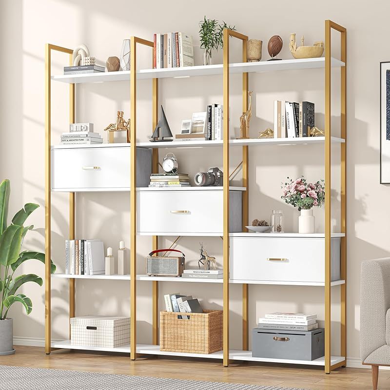 A 73.6-Inch Tall Bookshelf Featuring Three Drawers And Sixteen Storage Shelves, This Industrial Bookcase Includes Sixteen Open Display Shelves, Making It a Spacious Etagere Bookshelf, Perfect for Home And Office Use, in White