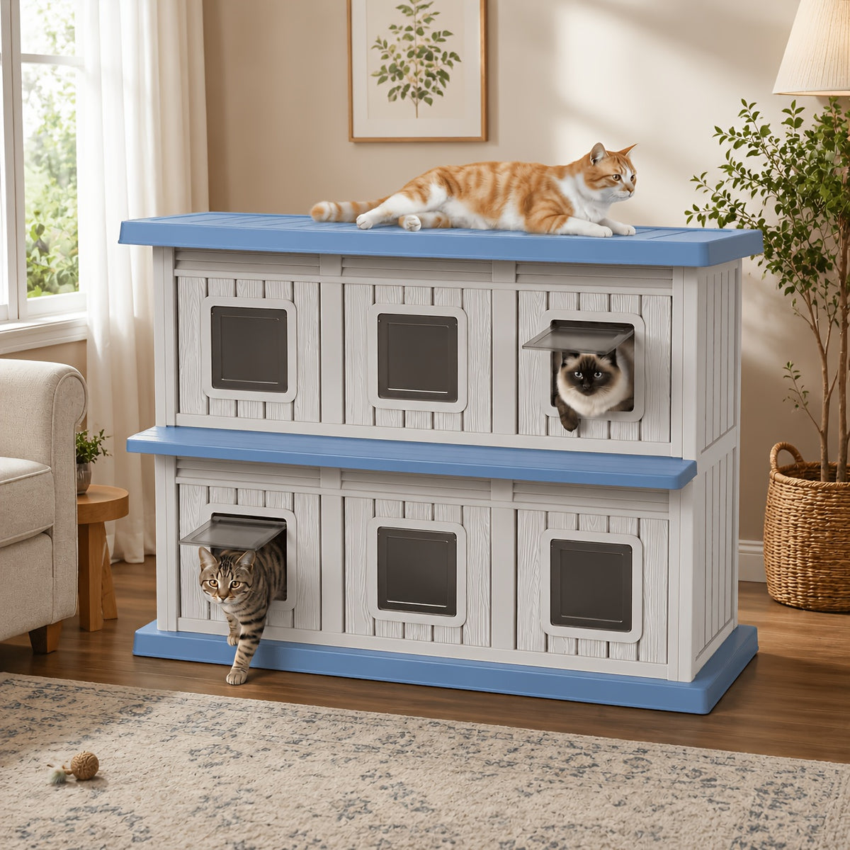 [For Indoor/Outdoor] Large -Weather Resin Outdoor Cat House - Double-Decker Suitable for Cats with Multi-Level Shelter, Assembly Indoor/Outdoor Use, Weatherproof for,, Balcony - Large Space Cat Shelter for Multiple Cats