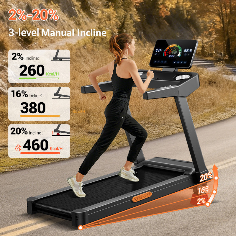 UMAY 20% Maunal Incline Treadmill, Foldable Home Treadmill with Quiet 3.5 HP Motor, 400LBS Capacity
