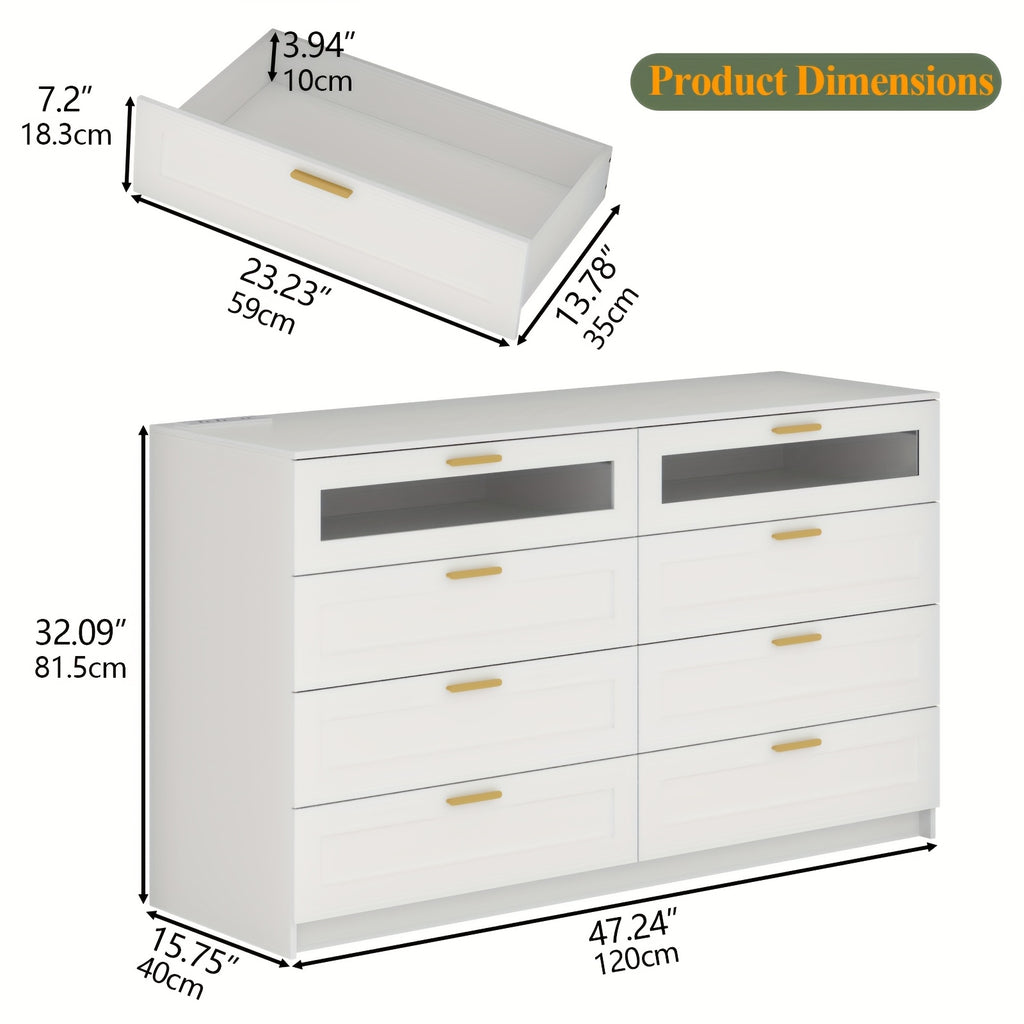 8-Drawer Dresser, Bedroom 8-Tier Drawer Dressing Table, Drawer Storage Cabinet with Power Outlet and LED Lights, Wardrobe Storage and Organization Function, Home Furniture, Living Room Furniture, Storage Drawer Units
