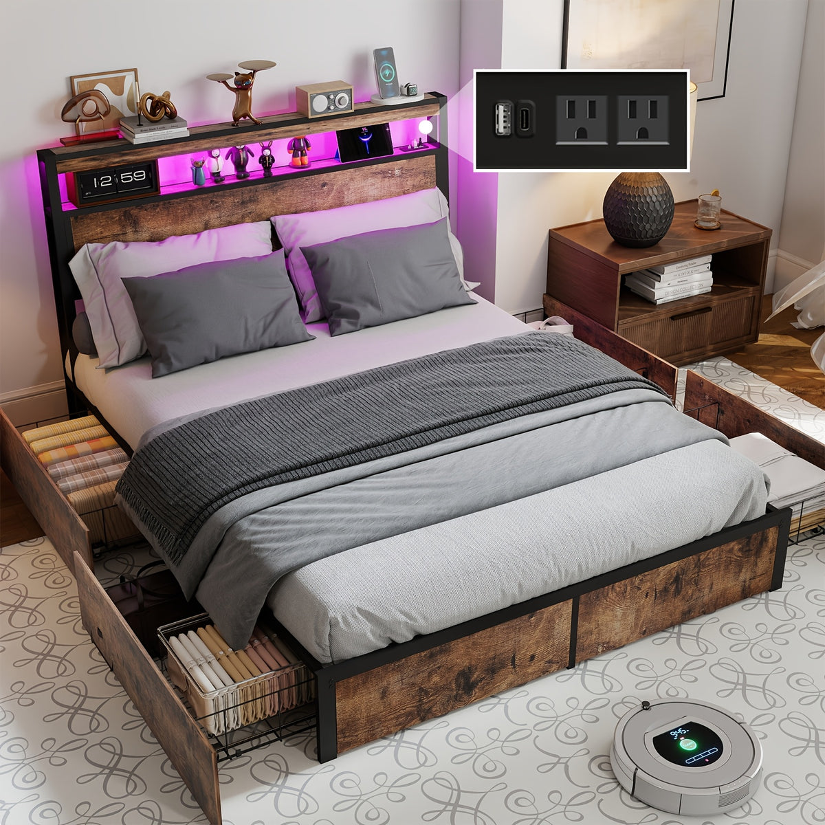 Full/Queen/King Size Bed Frame with 4 Storage Drawers, Metal Platform Bed with LED Lights & Charging Station, 2-Tier Wood Headboard, 800 LBS Capacity, Noise-Free, No Box Spring Needed, Vintage Brown Finish