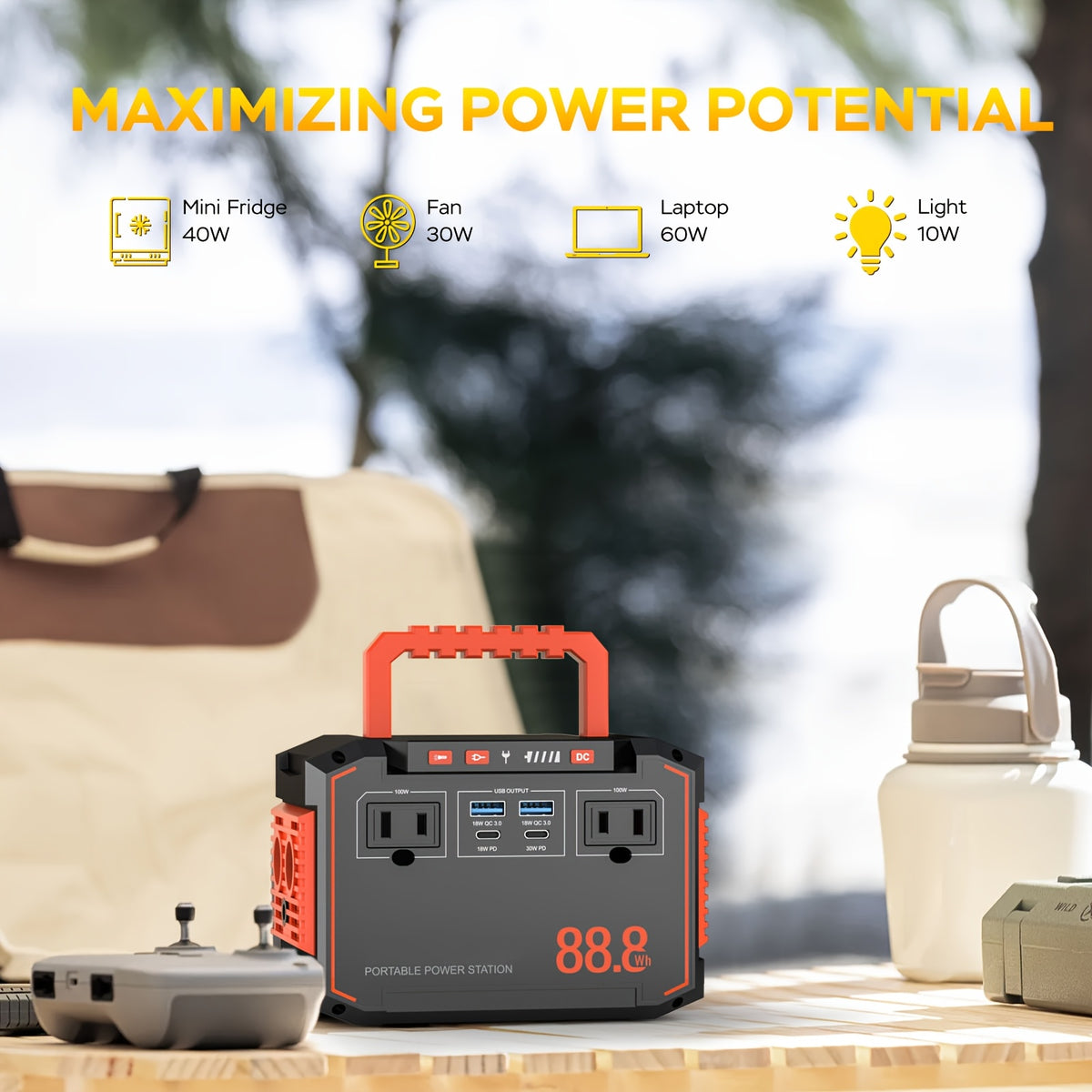 Portable Power Station 237Wh With 60W Solar Panel/88Wh &30W SL/111Wh &30W SL, Or 88.8Wh/237Wh.with 2*AC/USB-C PD/USB QC3.0/DC Output, LED Emergency Power Light For Outdoor Camping, RV Traveling, Emergencies For Gift