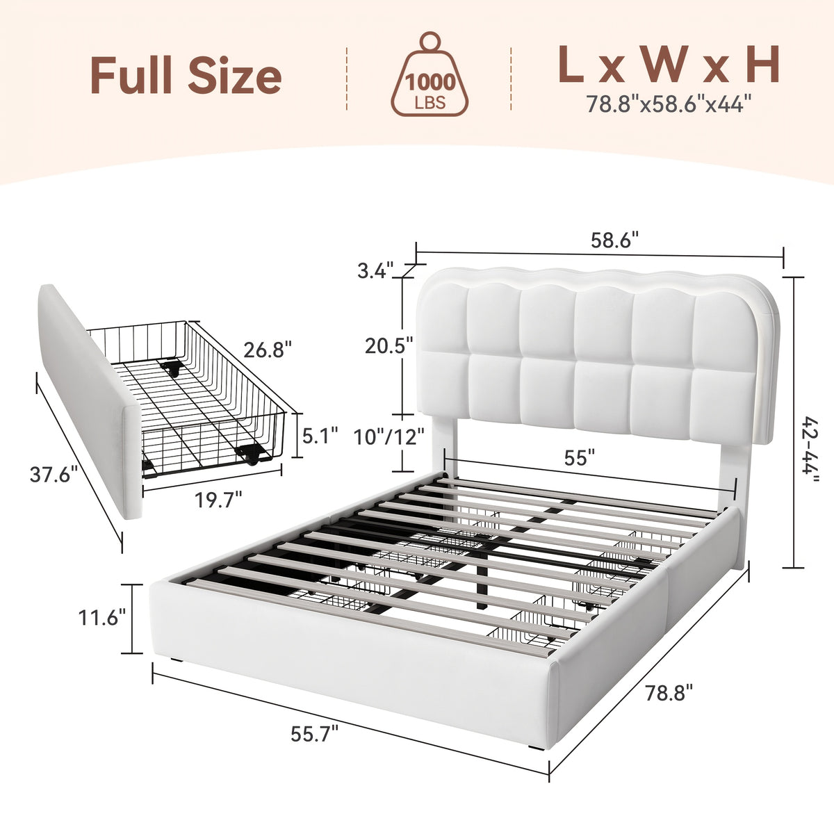 MRAEER Twin/Full/Queen Bed Frame | LED Lighting, 2/4 Storage Drawers, Cloud-Style Soft Headboard, Velvet Modern Platform Bed, Mattress Not Required, Halloween/Christmas Gift, White/Pink/Grey, Hardwood and Metal Construction