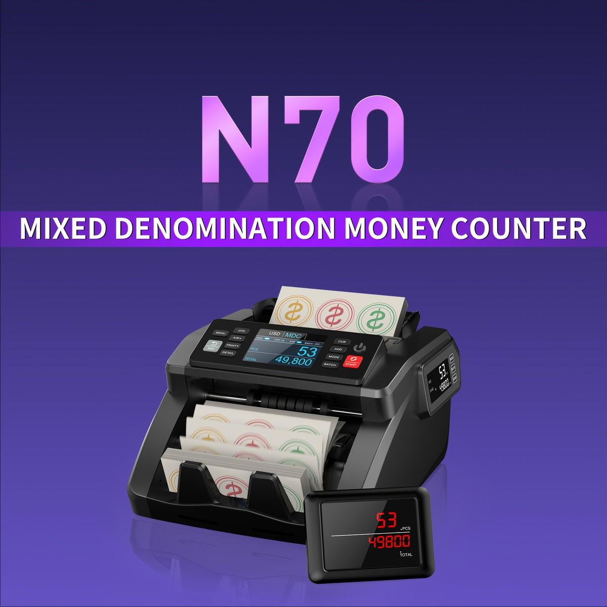 [Black Friday] Mixed Denomination Money Counter Machine, Value Counting, N70 Bill Counter With UV/MG/IR/MT Counterfeit Detection, 3.5" TFT Display Cash Counting Machine, Office Supplies, Black Friday