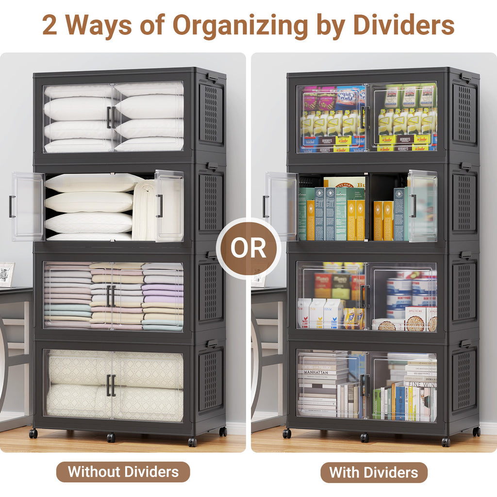 BROVIEW 150Gal/200Gal Plastic Storage Bins with Lid and Wheels, 3Pack/4Pack 600Qt/800Qt Extra Large Stackable Storage Bins With Dividers, Closet Organizers and Storage Cabinet Shelves Collapsible Box for Home Office, Black/White