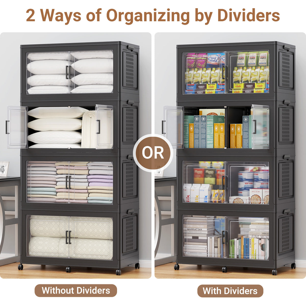 BROVIEW 150Gal/200Gal Plastic Storage Bins with Lid and Wheels, 3Pack/4Pack 600Qt/800Qt Extra Large Stackable Storage Bins With Dividers, Closet Organizers and Storage Cabinet Shelves Collapsible Box for Home Office, Black/White