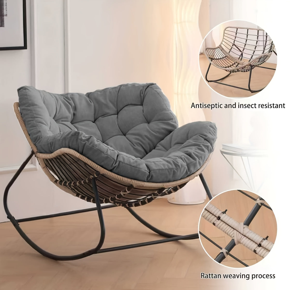 Patio Rocking Chair, A Papasson Recliner, Lounge/Egg Chair Outdoor/Indoor, Comfy Reading Chair For Porch/Garden/Patio/Camping, Spring/Summer Outdoor Furniture, Easter Gift, With Cushion