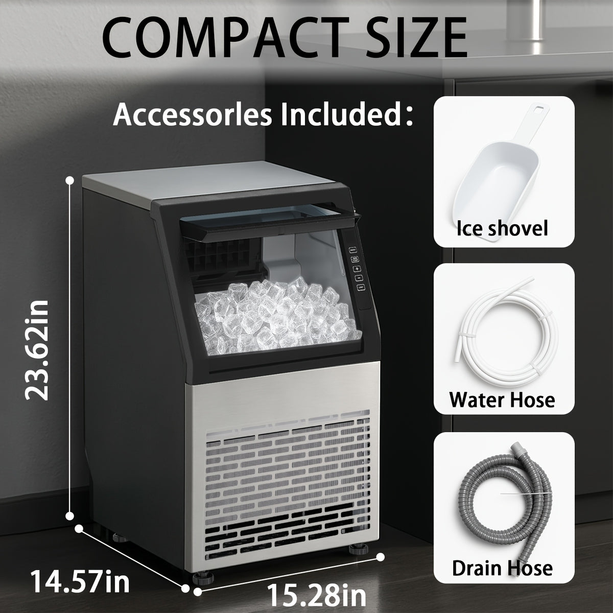 100/120 Lbs/24H Commercial Ice Maker, 48 Cubes/11mins, 33 Lbs Ice Storage Capacity, Counter Ice Maker Self Cleaning, 24 Hour Timer Stainless Steel Under Counter/Freestanding Ice Maker Machine