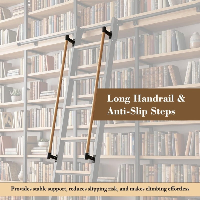 Rolling Library Ladder with 6.6' Slide Rails, 96' Roller Ladder with Wheels And Handrails, Space Saving Rail Mount Ladder for Bookshelf, Loft, Closet, Home