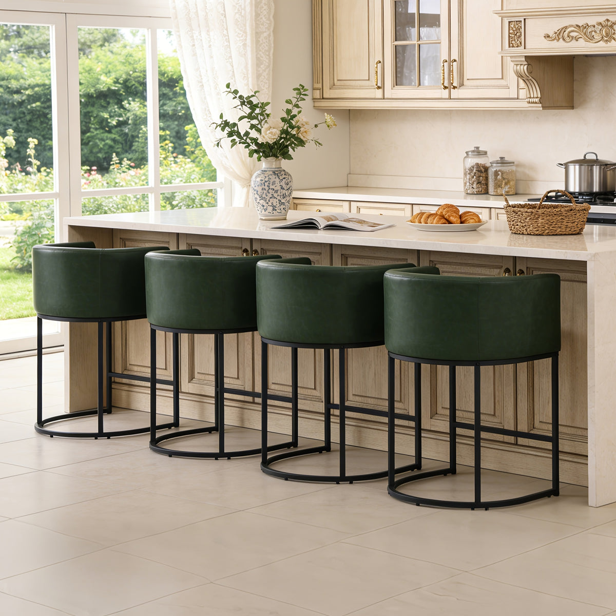 26-Inch Tall Modern Barrel-Shaped Beige Bar Stool - Bar Stool with Ergonomic Backrest And Armrests, Linen And PU Fabric Cushion And Sturdy Black Metal Frame, Suitable for Kitchen Islands, Breakfast Bars, And Home Decoration
