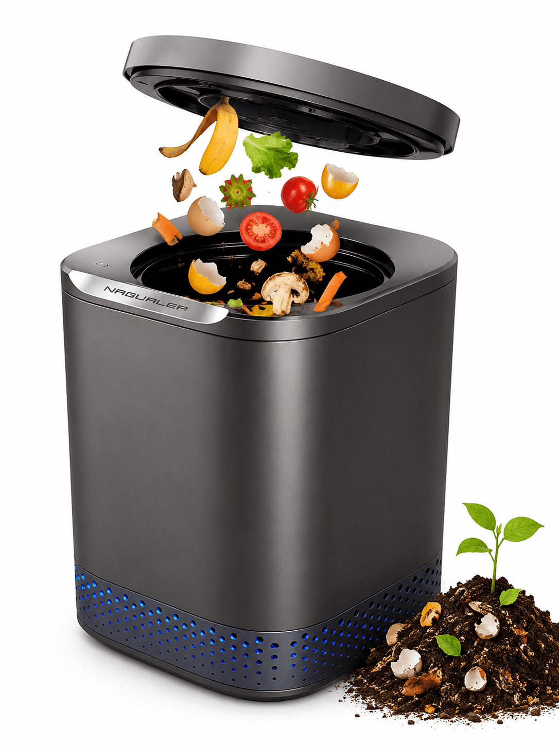 Smart Kitchen Electric Waste Composter, 2.5L Auto Food Cycler, Single Button, Grind Dry Kitchen Waste, 2X Drying- Electric Countertop Compost Bin (Stainless Steel)