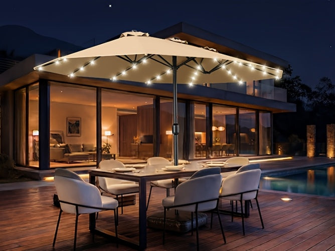 13-foot Double-sided Patio Umbrella with Solar Lights, Includes Base Stand, Large Outdoor Patio Umbrella with Crank Handle, Oversized Outdoor Market Umbrella, 12 Heavy-duty Ribs, Suitable for Outdoor, Market, Patio, Deck, Pool, Backyard, and Other