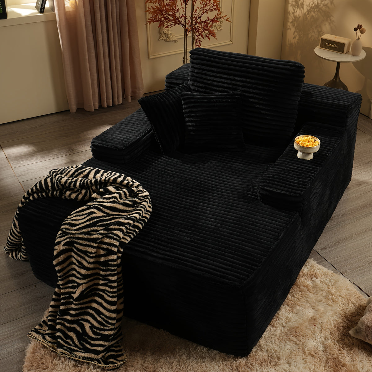 67" Oversized Boneless Lounge Chaise - Corduroy/Plush Fabric/Teddy Fleece Floor Couch with Pillows And Armrests | Deep Seat Single Sofa Bed with High Density Sponge Cushion | U Sleeper Couch for Living Room, Apartment, Bedroom | No Assembly Required