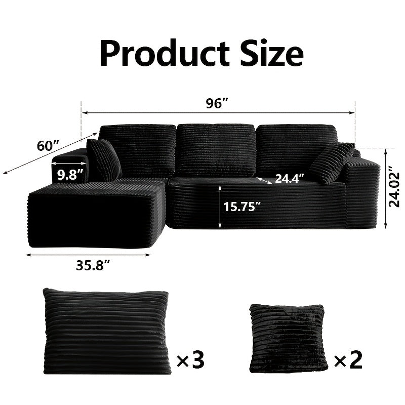 96" L-Shaped Sofa with Chaise, 65" Single Noble Consort Sofa Chair. Minimalist Compressed Boneless Sofa No Assembly Required, Modular Cloud Sectional Sofa for Living Room Bedroom, Right Facing Chaise, Plush Corduroy
