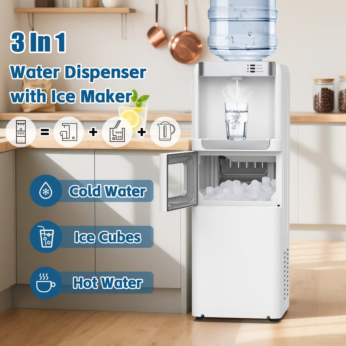 ADVWIN 3-in-1 Ice Maker & Water Dispenser Machine, 35Lbs/24H, with Hot/Cold Water, Top Load for 3/5 Gallon Jugs, Child Safety Lock, for Home, Kitchen, Office, Indoor Use