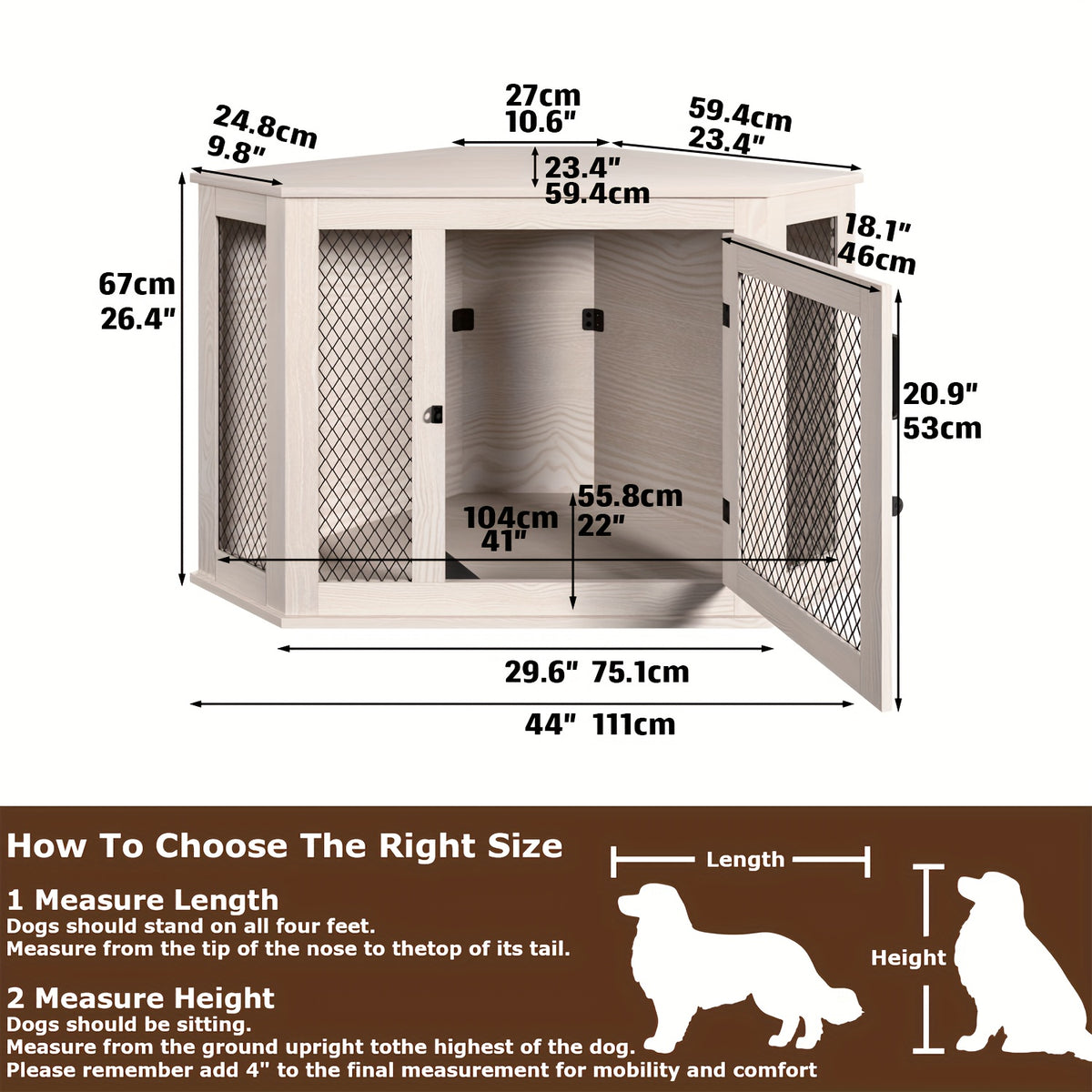 Furniture Corner Dog Crate, 52" Wooden Dog Kennel Furniture End Table with Mesh, Indoor Pet Crate Side Table for Small Medium Dogs Puppy, Perfect for Limited Room