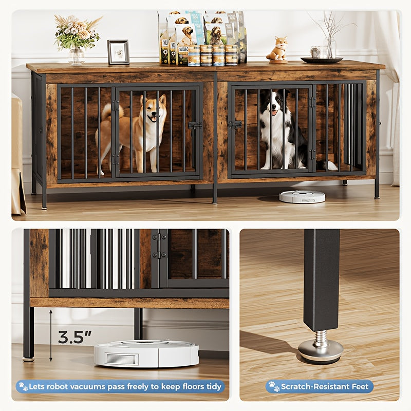 63inch Furniture for Dog Crates, A Double Cage Featuring A Storage Top, Multi-Functional TV Stand Side Table for 2 Large Dogs, Indoor Pet Cage
