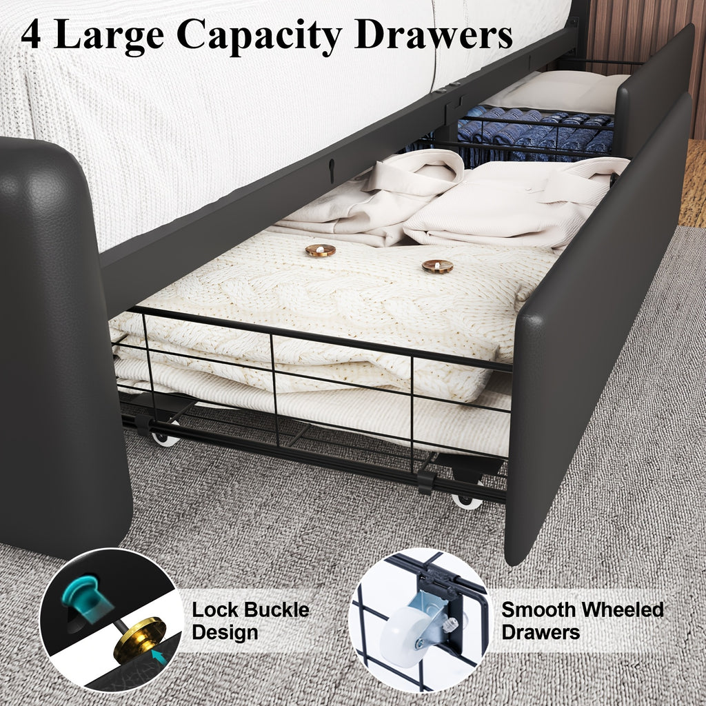 Upholstered Platform Bed Frame with 4 Storage Drawers & Adjustable Headboard, Full/Queen Size Bed Frame with LED Lights & Charging Station, Strong Metal Slats Support, No Box Spring Needed, Easy Assembly, Black/White