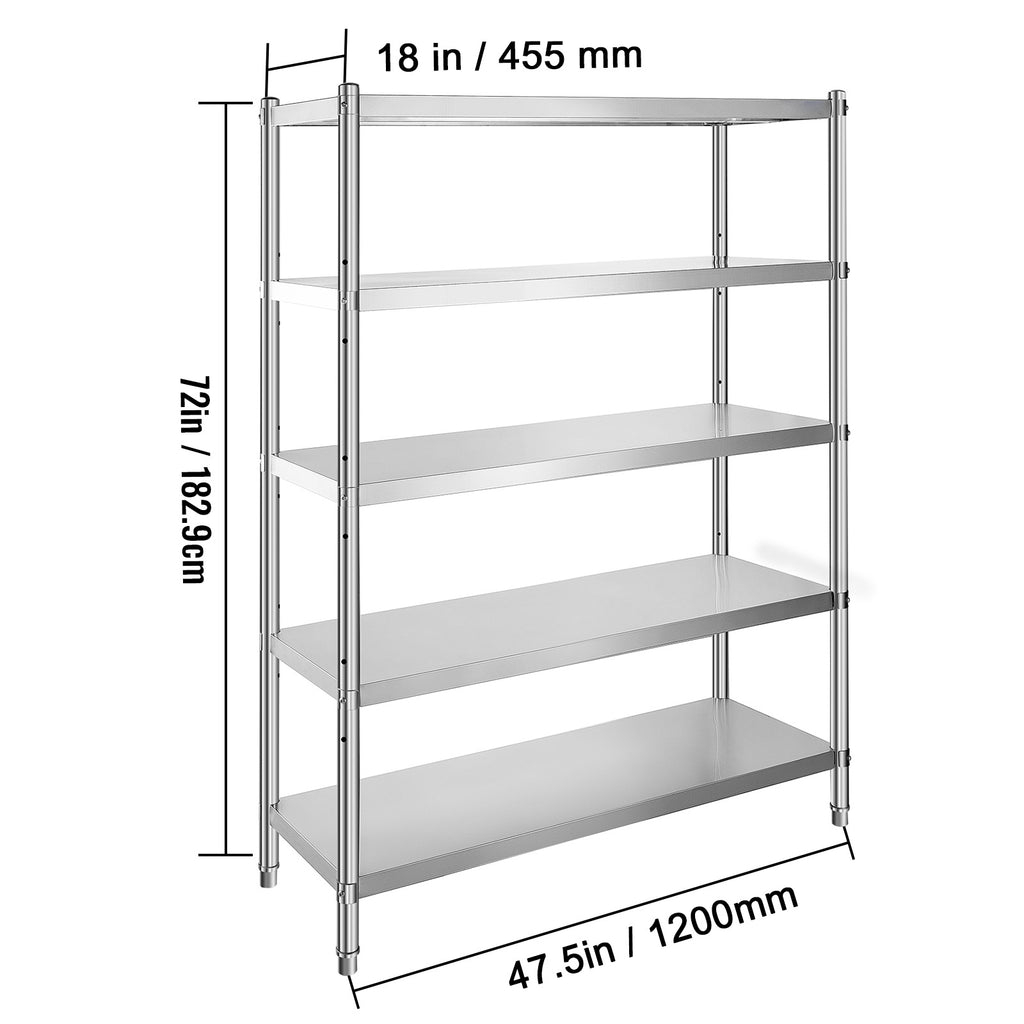 VEVOR Stainless Steel Shelves 47.5x18 Inch 5 Tier Adjustable Shelf Storage Unit Stainless Steel Rack Shelving Heavy Duty Shelving for Kitchen Commercial Office Garage Storage 330lb Per Shelf